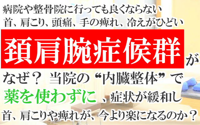 病院や整骨院に行っても良くならない首,肩こり,頭痛,手の痺れ,冷えがひどい頚肩腕症候群がなぜ？当院の内臓整体で薬を使わずに症状が緩和し首,肩こりや痺れが今よりずっと楽になるのか？